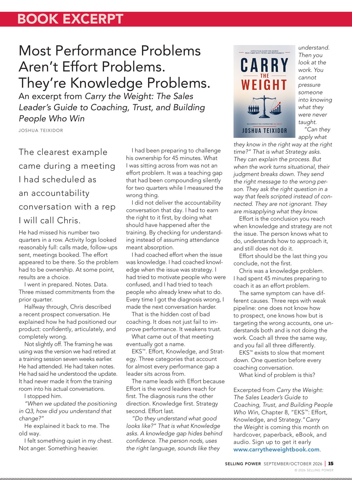 Selling Power, September/October 2026, page 15: Book Excerpt, Most Performance Problems Aren't Effort Problems. They're Knowledge Problems, by Joshua Teixidor